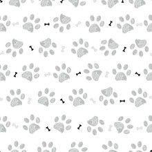Grey Doodle Paw Prints With Bones Pattern. Seamless Fabric Design Pattern