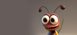 Funny ant cartoon character over gray background with copy space. Cartoon surprised ant with big eyes. Portrait of a fairy tale insect. Animated movie character design. Digital art style.