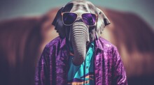 A Person Wearing Purple Clothing And Singing Into A Microphone Stands Beside An Elephant Adorned With Sunglasses And A Stylish Jacket, Creating A Unique And Joyous Musical Moment