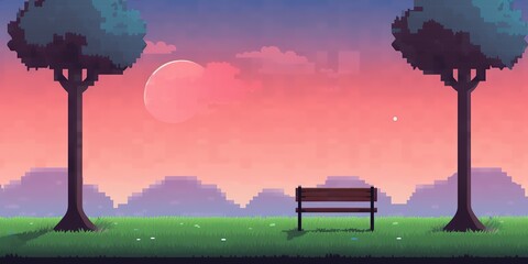 Sticker - Pixel art arcade game scene with trees, clouds, board, stones, 8bit background. Tree and bush pixel style vector illustration landscape with sky grass and ground. Green plants for 2D game decor.