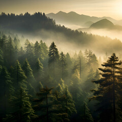 Wall Mural - Christmas trees in the forest surrounded by fog. Festive atmosphere on the mountain.