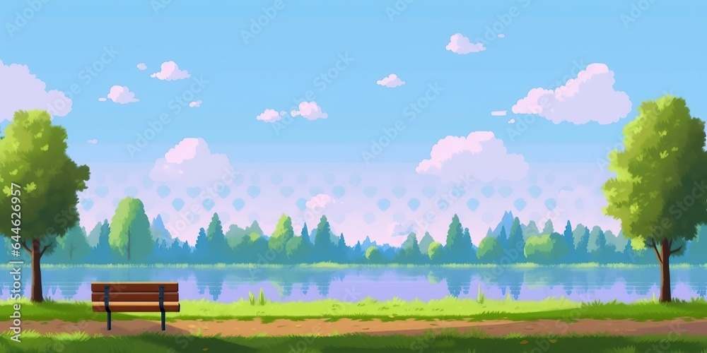Pixel art arcade game scene with trees, clouds, board, stones, 8bit ...