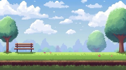 Poster - Pixel art arcade game scene with trees, clouds, board, stones, 8bit background. Tree and bush pixel style vector illustration landscape with sky grass and ground. Green plants for 2D game decor.