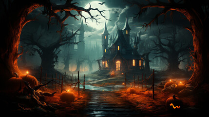 Wall Mural - halloween concept. a spooky house in the woods. high quality illustration