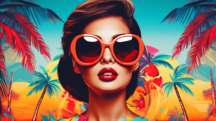 Sticker - beautiful woman in sunglasses posing in the colorful tropical palm trees