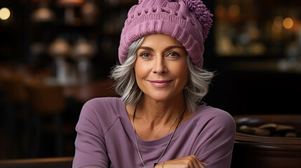 Canvas Print - portrait of beautiful senior lady wearing purple sweater and hat.