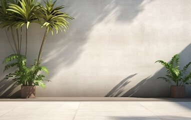 Empty exterior concrete wall with tropical style garden 3d render, decorate with tropical style tree, sunlight on the wall