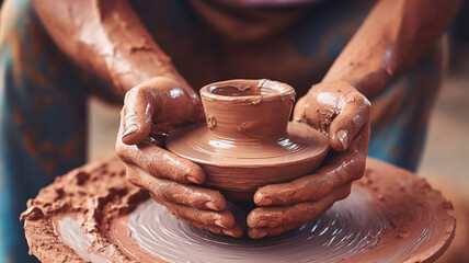 close up view of male potter hands making pot with clay wheel