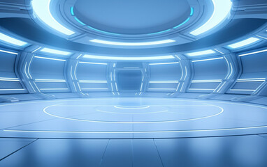 Empty light blue studio room futuristic Sci Fi big hall room with lights blue, Future background for design