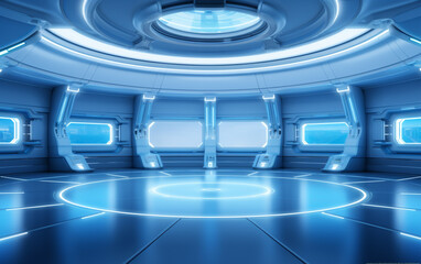 Empty light blue studio room futuristic Sci Fi big hall room with lights blue, Future background for design