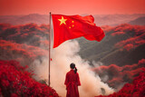 Fototapeta Las - Back view of a Chinese woman with a Chinese flag on the mountain. 