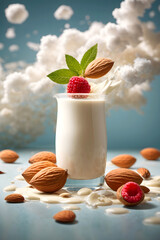 Wall Mural - Almond milk with fresh raspberries and almonds on a blue background. 