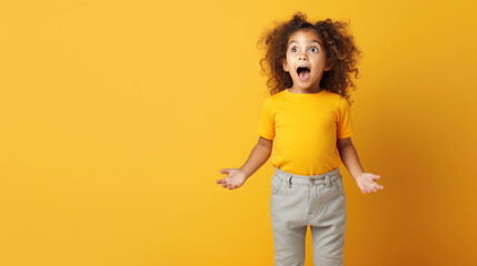 Wall Mural - Generative AI, surprised child, little curly cute kid, cheerful toddler, emotions, shocked joyful facial expression, enthusiastic face, colorful bright background, emotional portrait