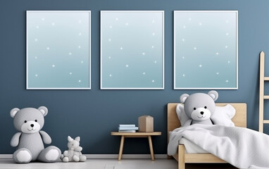 Mock up posters in child room interior, posters on empty blue wall background