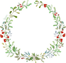 Watercolor Christmas Wreath With Holly, Mistletoe And Berries. Illustration For Greeting Floral Postcard And Invitations Isolated On White Background. Vector EPS.