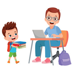Wall Mural - father and cute boy working with computer