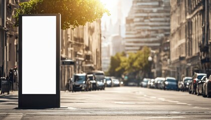 Wall Mural - Urban street setting with empty white billboard digital sign poster mockup for advertising and marketing