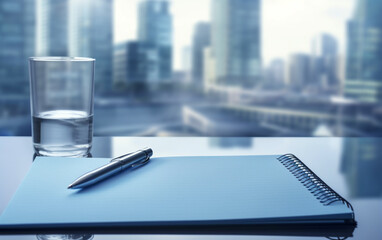 Notepad on a table with pen before meeting, blue tone, business concept with copy space