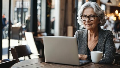 Older woman in her 50s with grey hair working on laptop computer at cafe table, senior adult woman in glasses using laptop