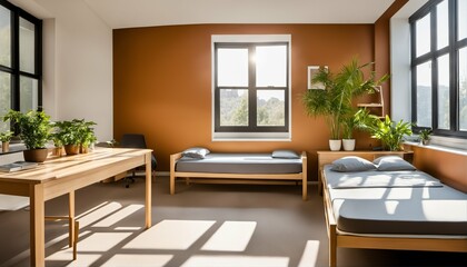 Student dormitory with bright and simple room for two students