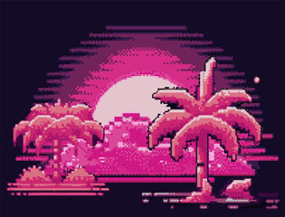 Aufkleber - Synthwave retro 8-bit pixel art landscape with palms and moon in neon colors.
