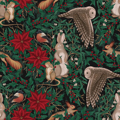 Christmas forest animals and traditional winter holiday plants Seamless pattern Flying birds owl, hare, rabbit, mouse, squirrel, bullfinch Branches of mistletoe and holly, Mexican flower poinsettia Fo