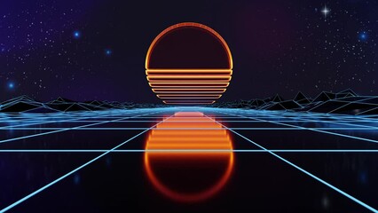 Wall Mural - synthwave sunset. animated background. 80s sun. wireframe landscape. retro future perspective grid. 