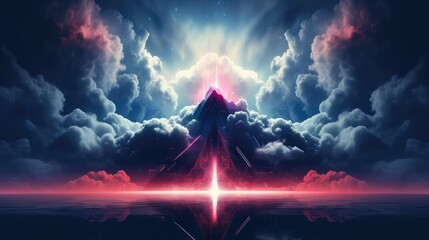 Poster - Abstract futuristic background with neon geometric shape and stormy cloud on night sky.