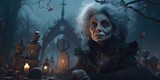 Fototapeta Nowy Jork - creepy and ghoulish elderly woman hanging out in the graveyard on a foggy evening