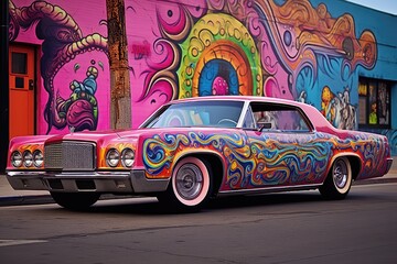 a colorful image of a colorful lowrider car in the sunset