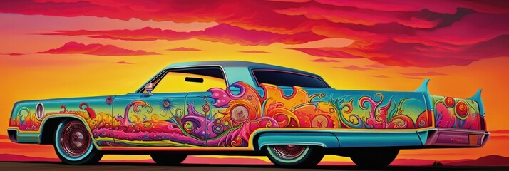 Wall Mural - a colorful image of a colorful lowrider car in the sunset