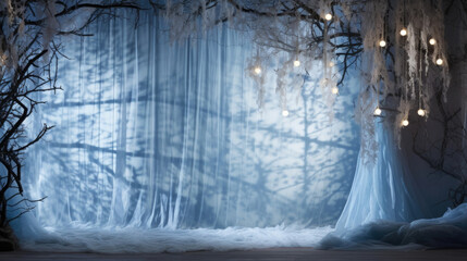 Wall Mural - A hauntingly beautiful scene of a moonlit forest illuminated by a soft blue light shining through a lace curtain. The intricate tree branches cast eerie shadows, perfect for highlighting