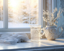A Frosty Winter Morning Scene Capturing The Early Dawn Light, Filtering Through Icy Window Panes And Casting Intricate Frost Patterns On A Sleek Marble Countertop, Adding A Touch Of Elegance