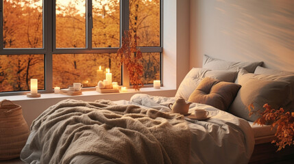 Wall Mural - An autumninspired scene comes to life in this scene featuring a Scandinavian bedroom. The warm golden light pours in through the window, casting intricate shadows on a rich, textured linen