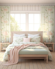 Wall Mural - A picturesque farmhouse bedroom suffused with the gentle hues of early spring. Soft pastel shades of pale pink and light green complement the delicate floral patterns on the curtains,