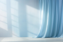 A Peaceful And Zenlike Scene Featuring A Serene Blue Gradient Background. The Soft Light Filtering Through Curtains Casts Delicate Shadows That Create A Soothing And Calming Ambiance,