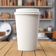 Blank coffee cup mockup image sitting on top of a wooden table. 