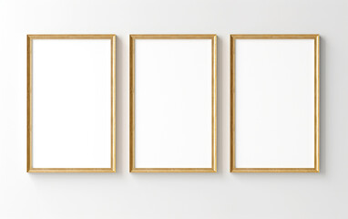 three wooden frame on white wall, frame mockup, 3d render