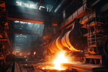 Poster - Industrial metallurgy, glowing metal and sparks, Heavy machinery at large industry factory.