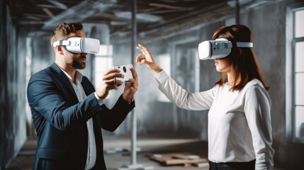 Poster - Analyzing Building Structure, Man client wearing VR glasses imagining future interior with designer at the construction site.