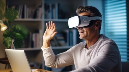 Poster - Man wearing a VR headset and interacting with virtual screens at home, Experiencing virtual reality.