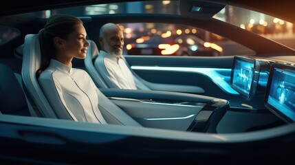 Poster - People are ride in a self-driving car controlled by an artificial intelligence autopilot, Future technologies.