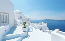 White Stairs Leading To Terrace In Oia, Santorini