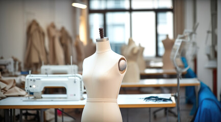 Poster - Fashion Design Studio, Tailors office, Dummy mannequin with fashion dress in the tailor shop.