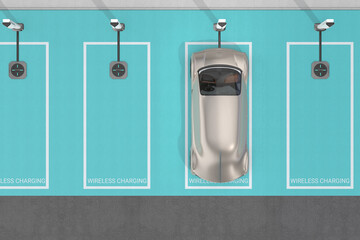 Wall Mural - Top view of futuristic electric car parking in wireless charging station. Generic design. 3D rendering image.