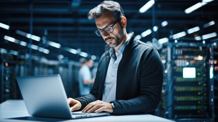 Fototapete - Administrator Working With Data Protection Engineering Network for Cyber Security in data center, Server Farm Cloud Computing Facility with System.