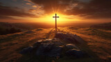 Fototapeta  - Cross at sunset in a field. Ascension day concept. Christian Easter. Faith in Jesus Christ. Christianity. Church worship, salvation concept