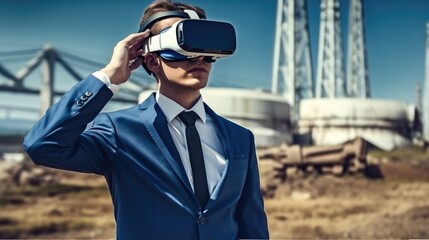 Poster - Businessman wearing virtual reality goggles during analyzing building structure at the construction site.