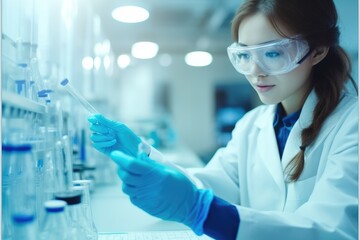 Poster - Asian scientist with test tube making research in laboratory, Science, chemistry, reagents, technology.