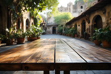 Wooden Table With Background Of Mexican Hacienda, Latin American Village